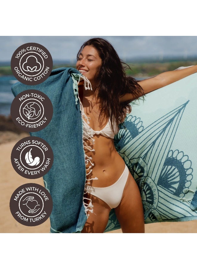 FESHKA Sand Free Turkish Beach Towel (37 x 67) Quick Dry Bath Towel, Oversized Beach Blanket, Lightweight for Travel - Made with 100% Organic Turkish Cotton - Frozen (Teal) - Image 5
